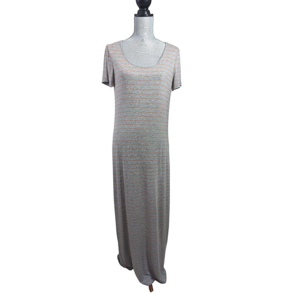 Calvin Klein Maxi Dress‎ Womens 6 Gray Orange Stripe Short Sleeve Long Stretch